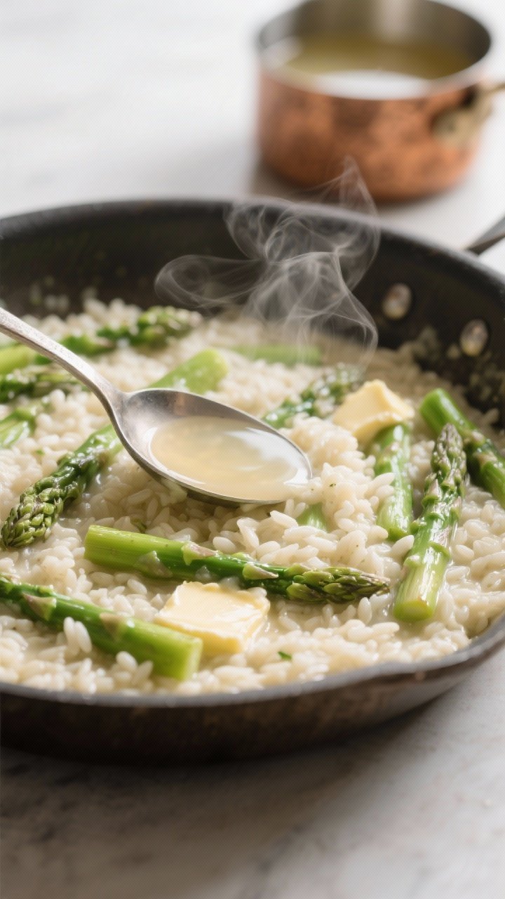 Cooking process, close-up detail: Creamy asparagus risotto mid-cook in a wide, heavy skillet, close-