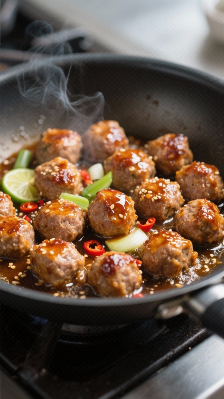 Cooking process, close-up detail: Glazed pork meatballs sizzling in a wide nonstick skillet, mid-sim