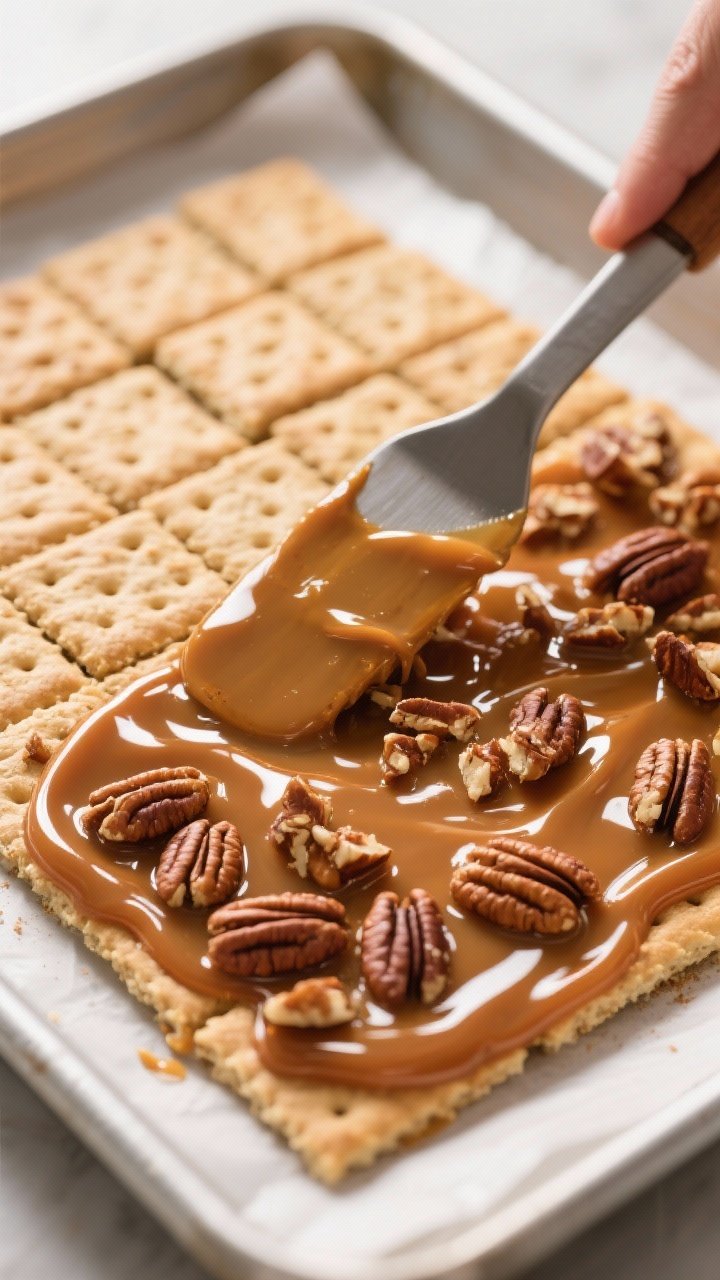 Cooking process, close-up detail: Glossy caramel being spread over a full sheet of neatly tiled grah