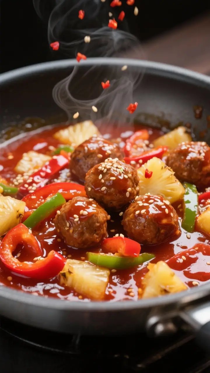 Cooking process, close-up detail: Glossy sweet-and-sour sauce thickening in a wide stainless skillet