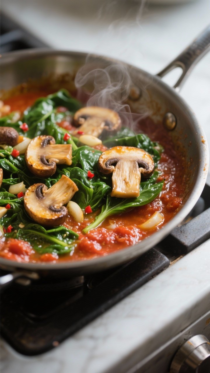 Cooking process, close-up detail: Golden-browned mushrooms and wilted spinach simmering in a tomato-
