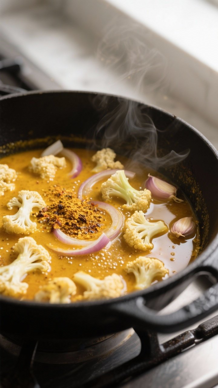 Cooking process, close-up detail: Golden spices blooming in oil in a matte black Dutch oven, followe