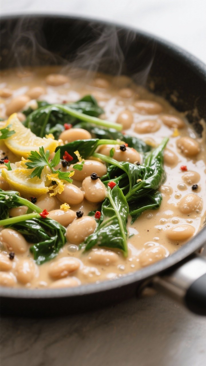 Cooking process, close-up detail: In-pan shot of creamy miso butter beans simmering gently in a wide