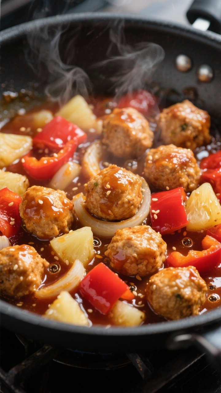 Cooking process, close-up detail: In-pan simmer of sweet and sour chicken meatballs finishing in a g