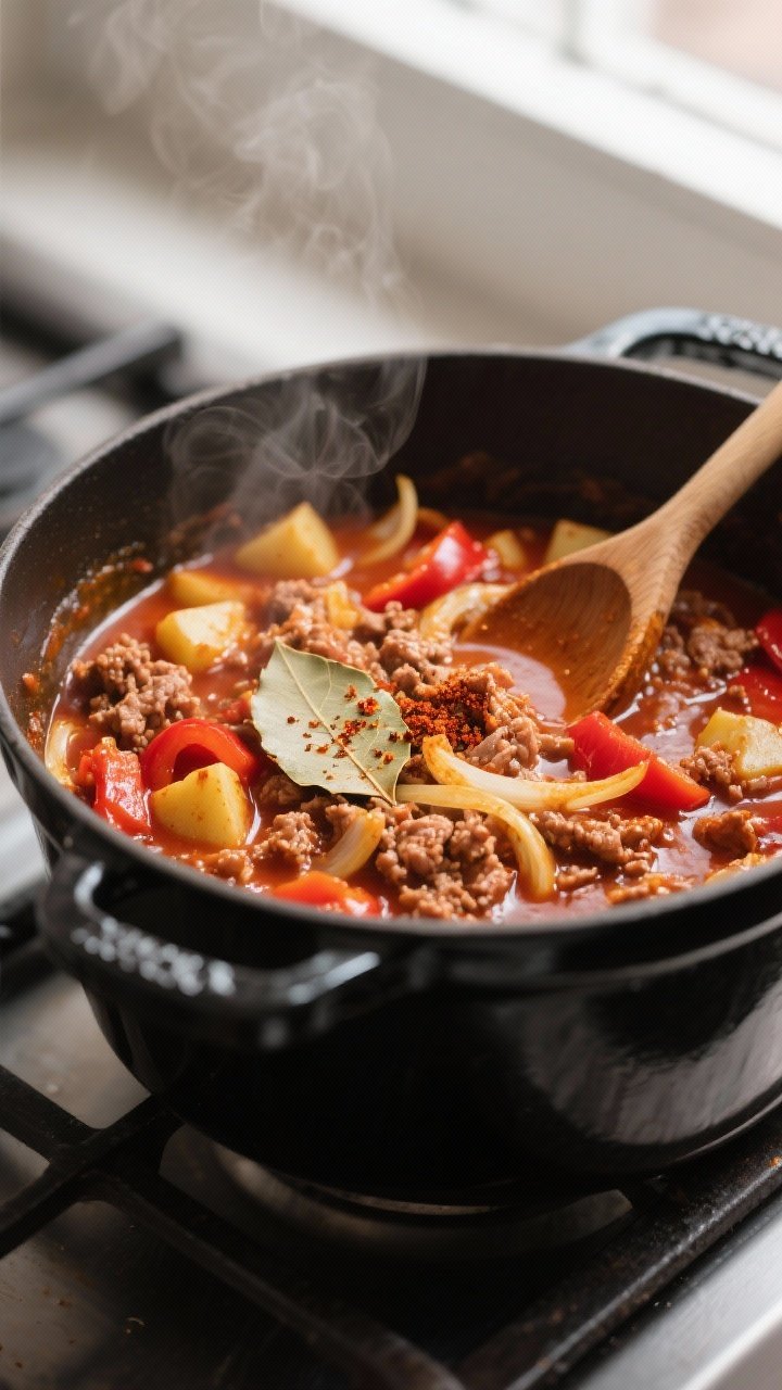 Cooking process, close-up detail: Minced Pork & Paprika Goulash mid-simmer in a wide, black enameled