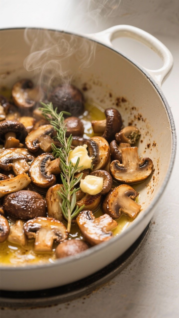 Cooking process, close-up detail: Sautéed mixed mushrooms browning in a wide, enamel Dutch oven aft