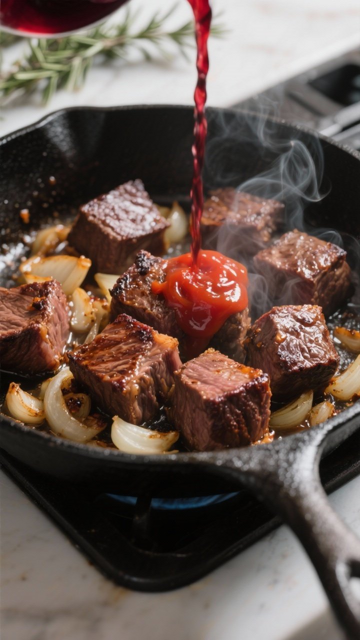 Cooking process, close-up detail: Searing beef chuck cubes in a heavy skillet, deeply caramelized ma