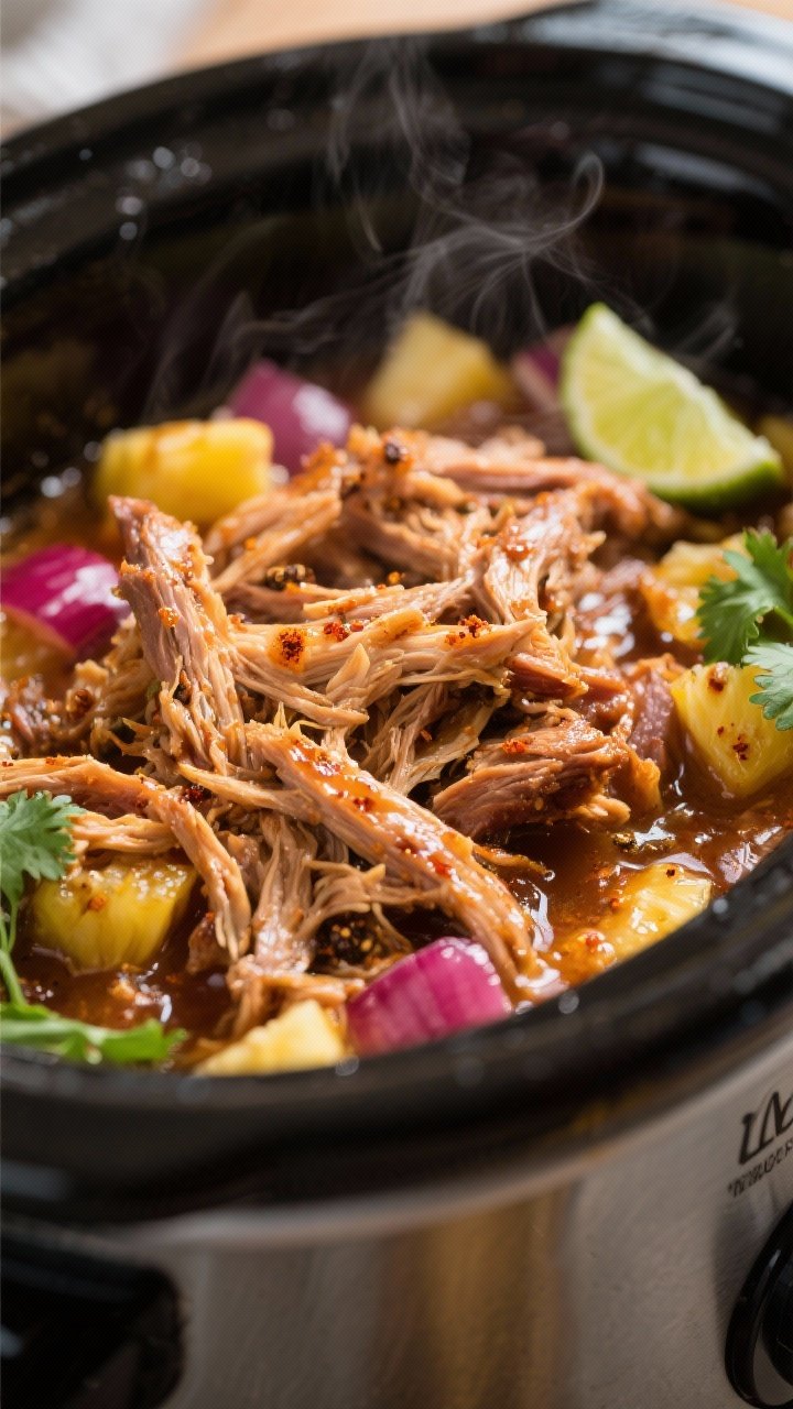 Cooking process, close-up detail: Shredded tropical pulled pork just returned to the slow cooker, gl