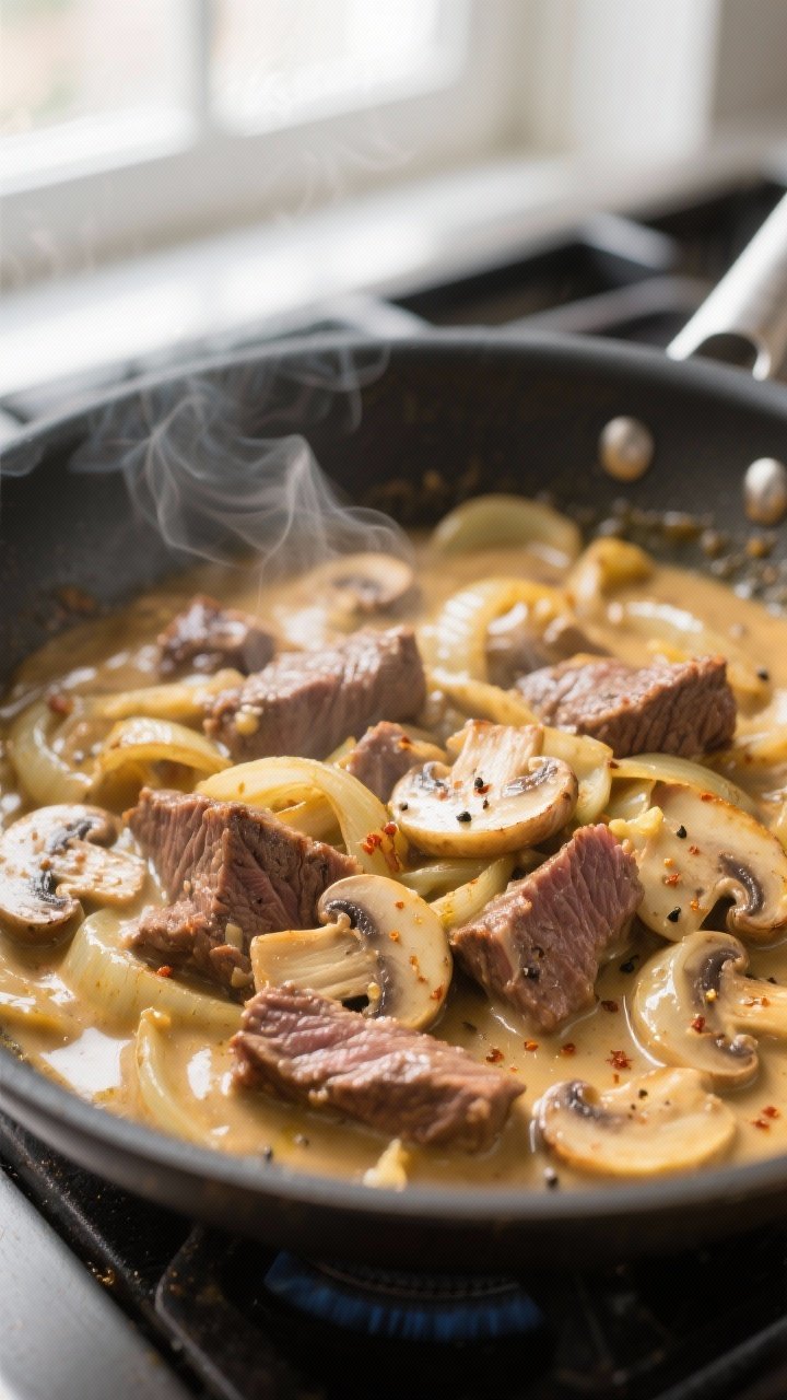 Cooking process, close-up detail: Sizzling beef stroganoff sauce reducing in a wide skillet—golden