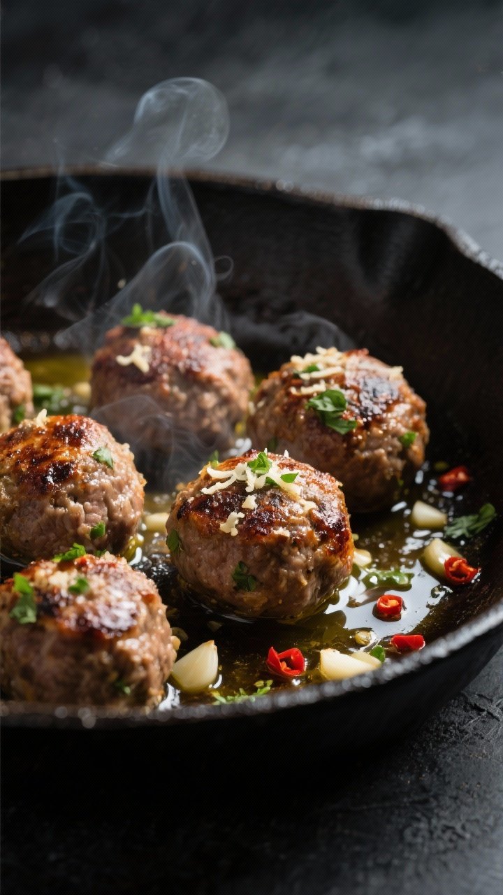 Cooking process, close-up detail: Sizzling pan-seared keto meatballs browning in a cast-iron skillet