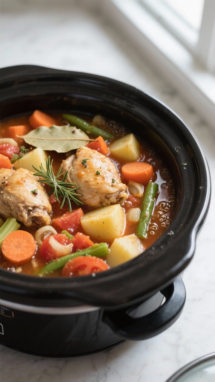 Cooking process, close-up detail: Slow cooker chicken stew mid-simmer in a matte black slow cooker, 