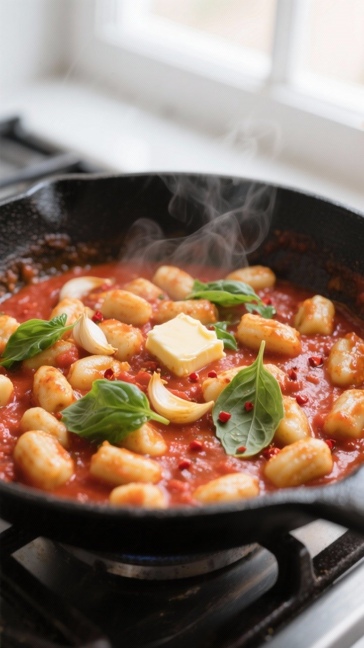 Cooking process close-up: Gnocchi being gently tossed in a wide skillet of simmering tomato basil sa