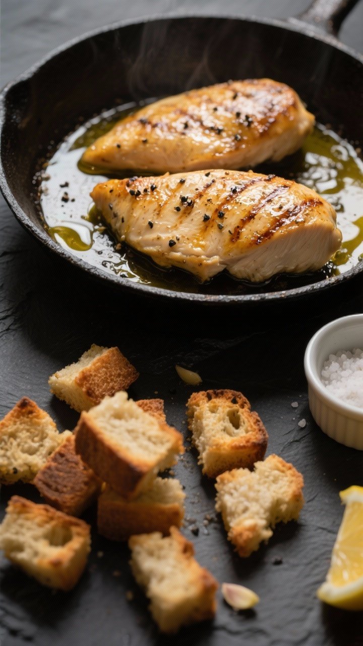 Cooking process close-up: Golden, just-seared chicken breasts resting on a warm skillet, glistening 