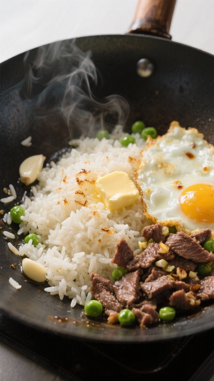 Cooking process close-up: In a carbon-steel wok over medium-high heat, golden butter foaming around 
