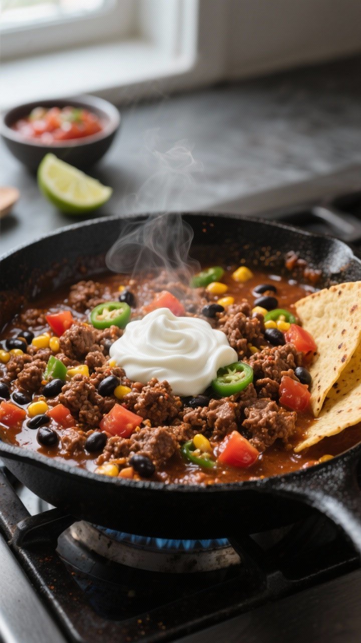 Cooking process close-up: In a large black cast-iron skillet on the stovetop, the seasoned beef mixt