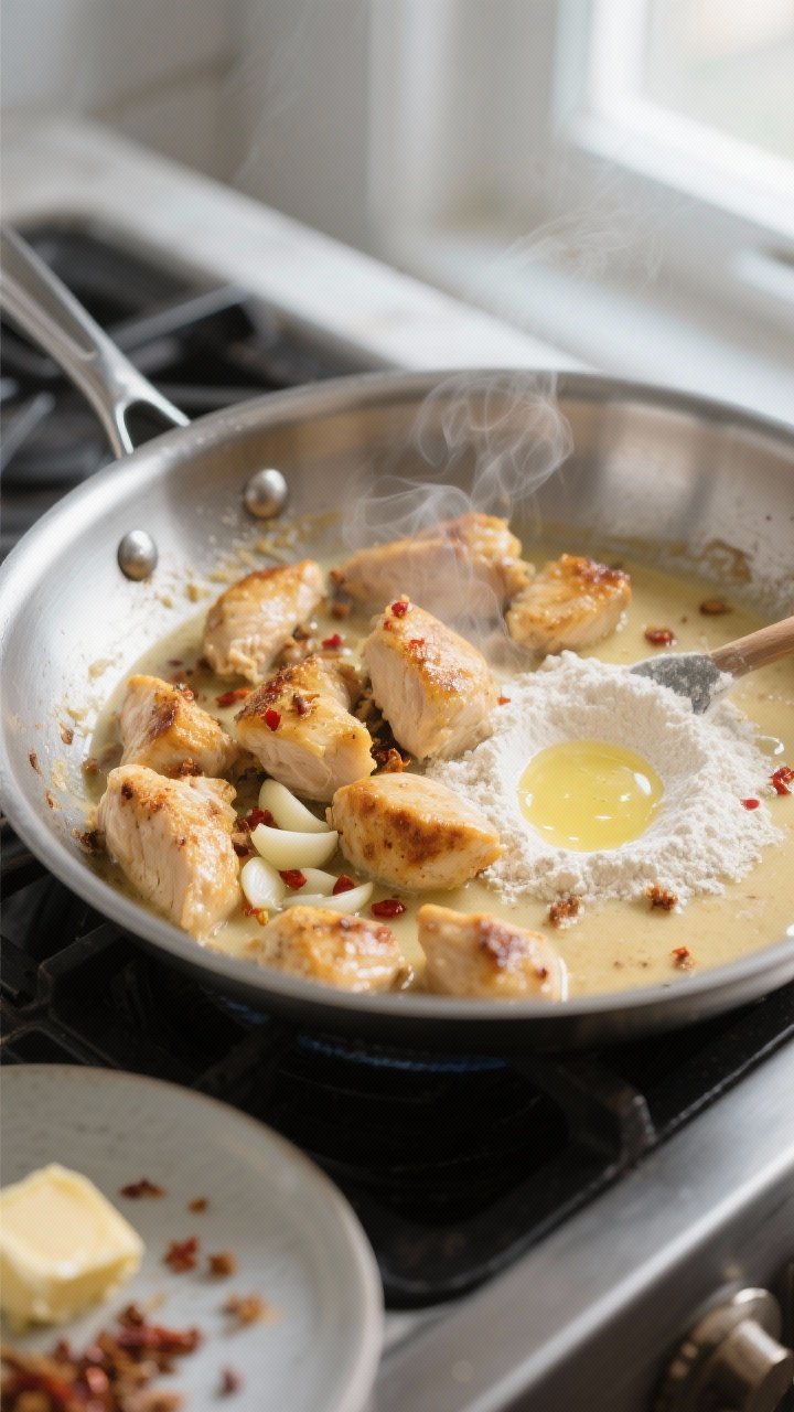 Cooking process close-up: In a wide stainless steel skillet, golden-browned bite-size chicken pieces