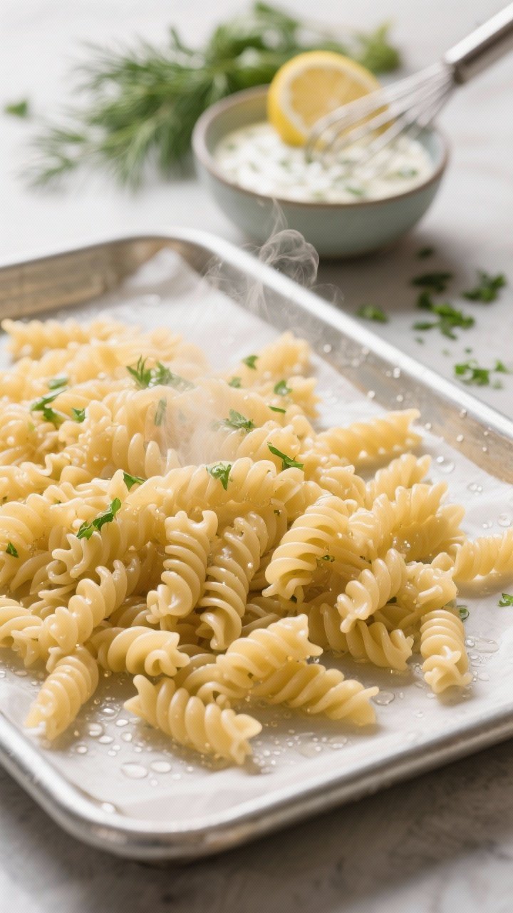 Cooking process close-up: Just-cooled rotini pasta being spread on a rimmed sheet pan after draining