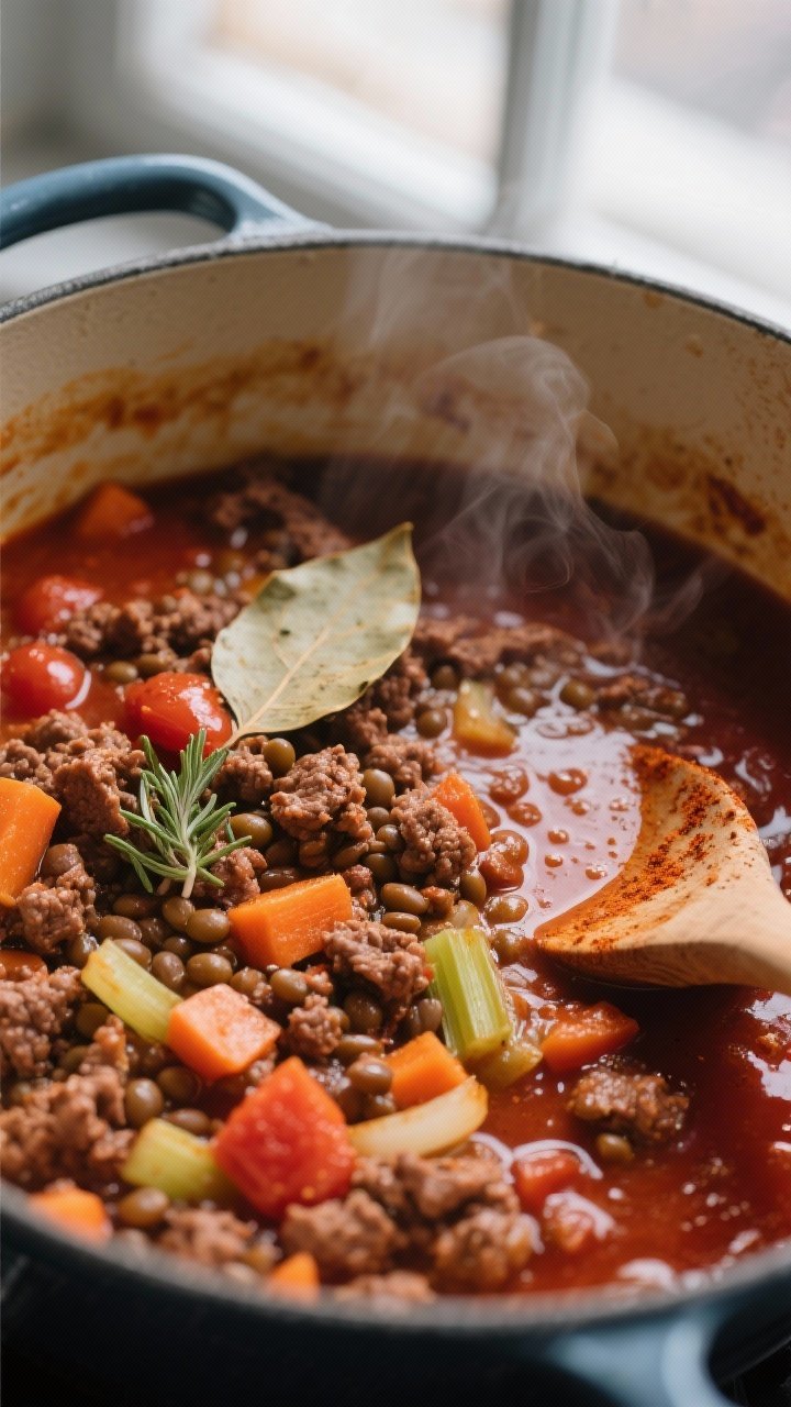 Cooking process — Close-up of the stew mid-simmer in a heavy Dutch oven: browned beef mince with c