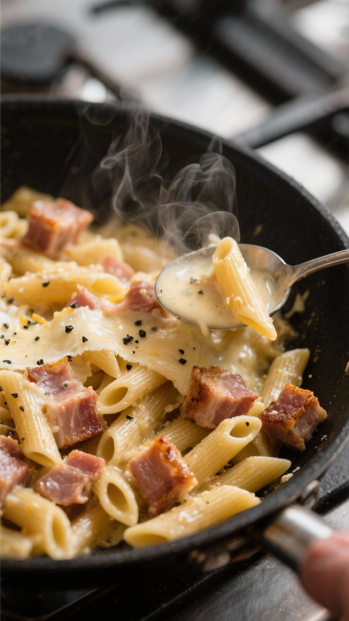 Cooking process close-up: Penne carbonara mid-toss in a black skillet off the heat, glossy penne coa