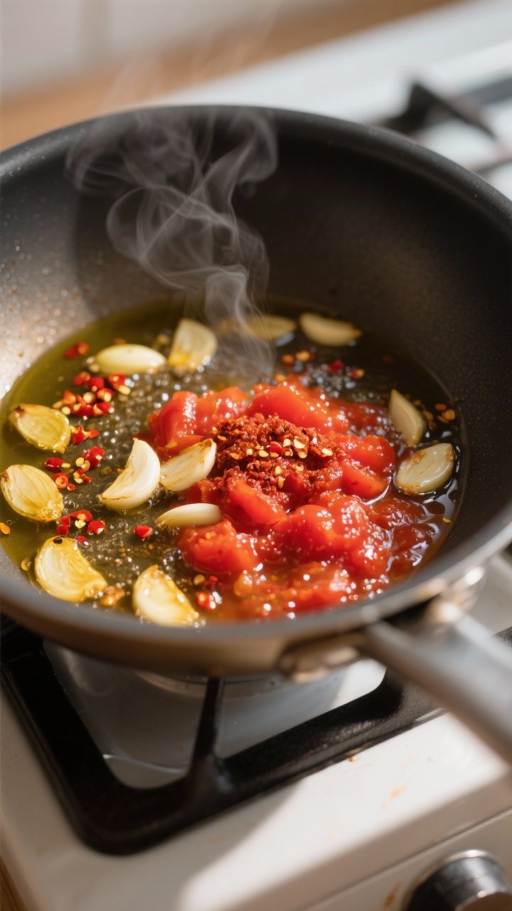Cooking process close-up: Sauté pan with olive oil gently sizzling thinly sliced golden garlic and 