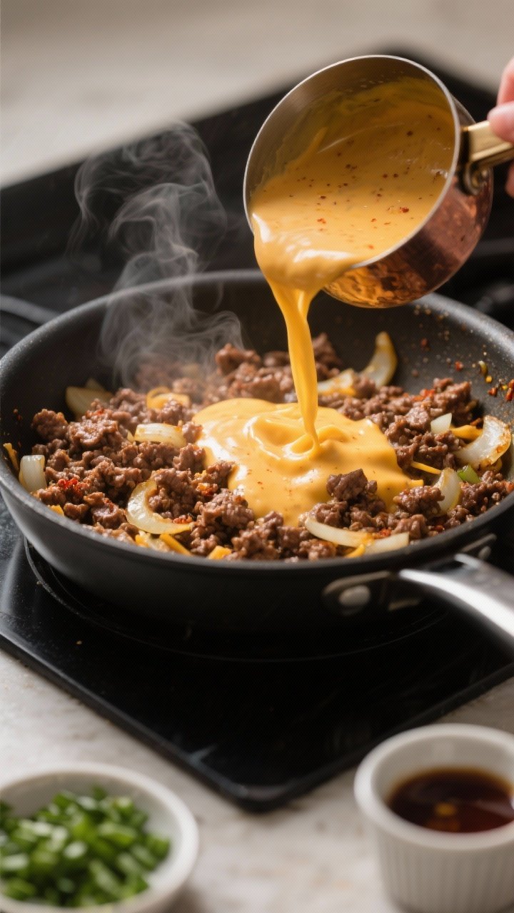 Cooking process close-up: Sautéed ground beef and onions in a wide skillet, fully browned and crumb