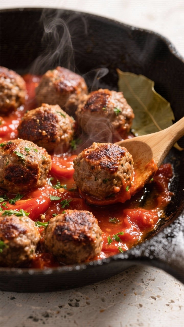 Cooking process close-up: Searing Italian meatballs in a skillet just after rolling, deeply browned