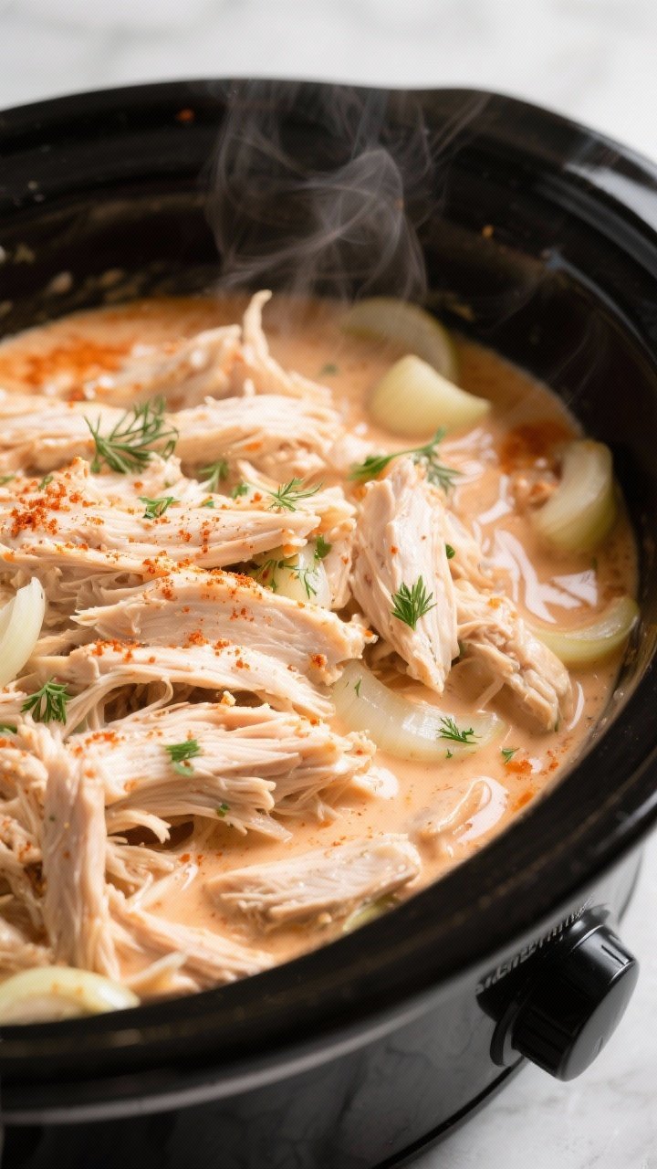 Cooking process close-up: Tender shredded chicken just returned to a slow cooker, coated in a silky 