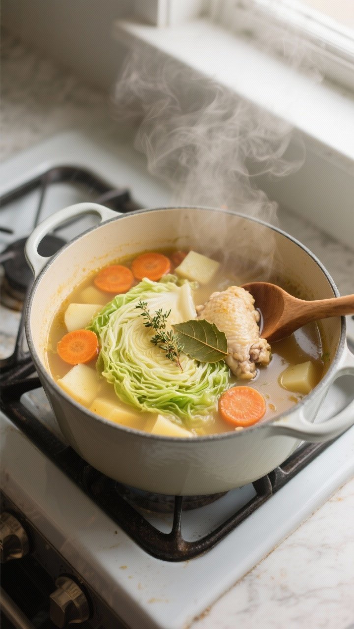 Cooking process, mid-simmer: A large enamel Dutch oven on the stovetop with a gentle simmering chick