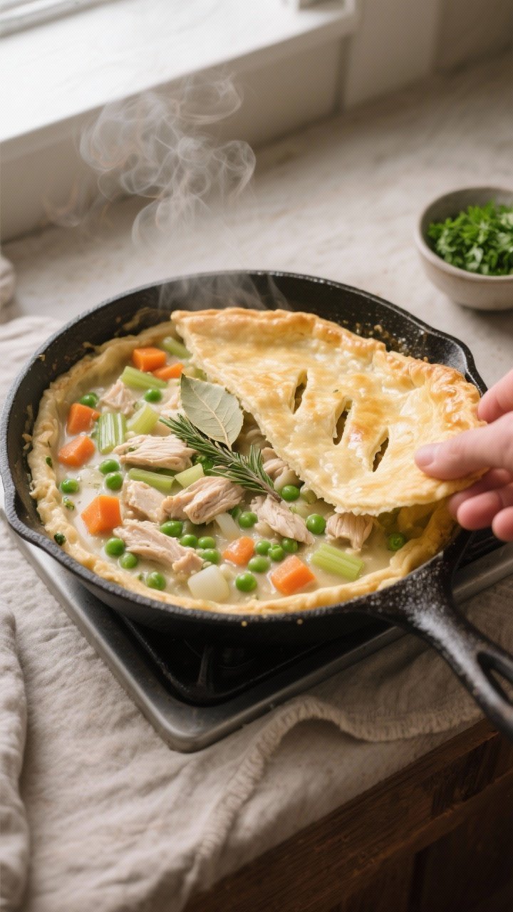 Cooking process, overhead action: Overhead shot of a 12-inch cast-iron skillet on the stovetop with