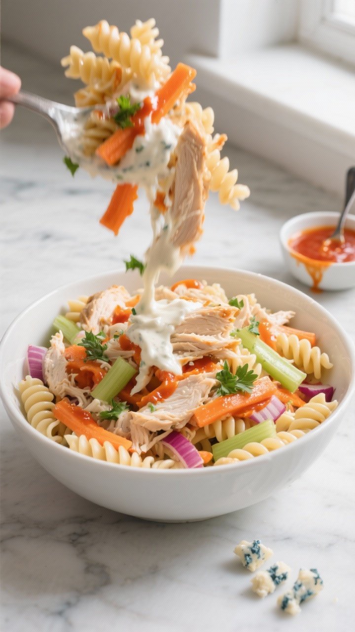 Cooking process, overhead action shot: Chilled al dente rotini being tossed in a large white mixing 