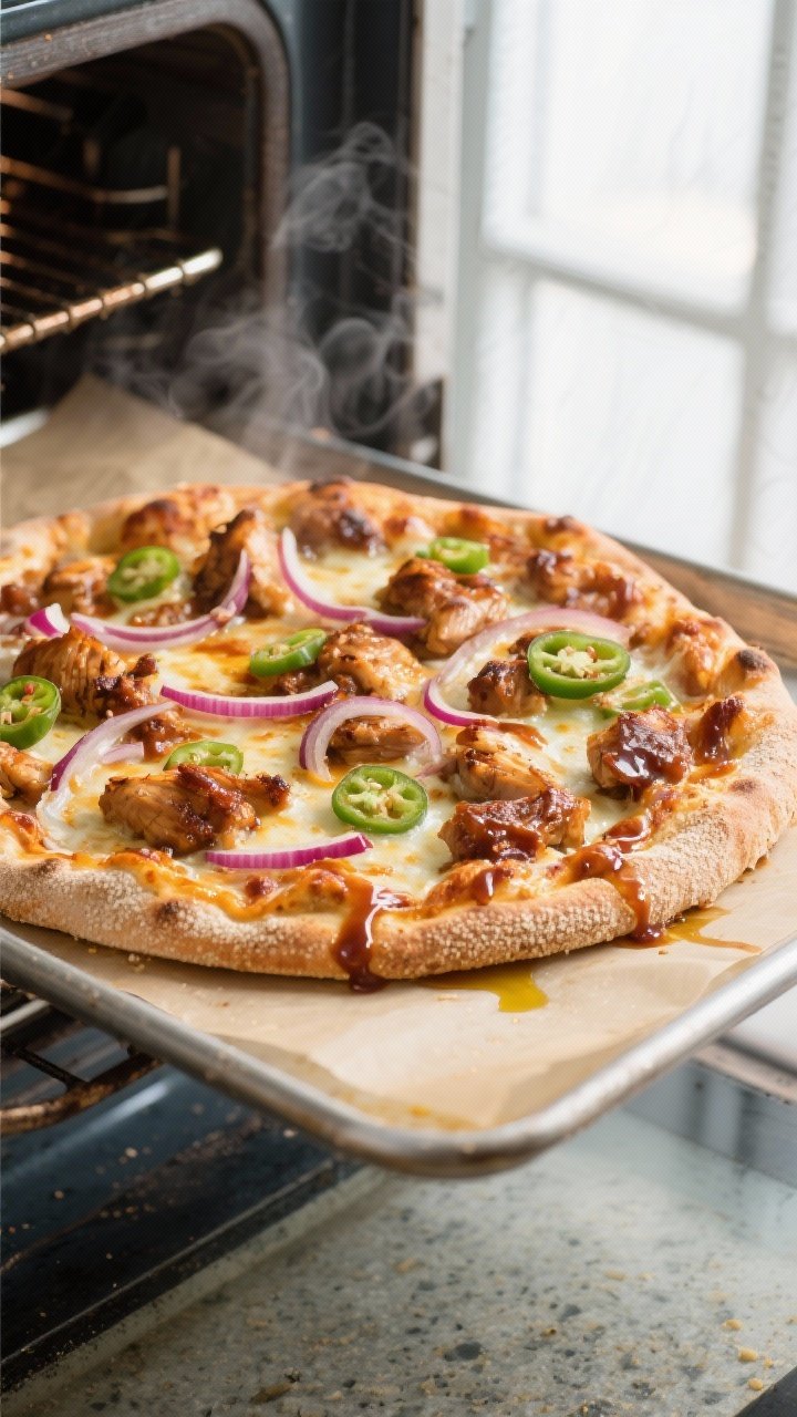 Cooking process, overhead: BBQ chicken pizza mid-bake being pulled from a 475°F oven on a parchment