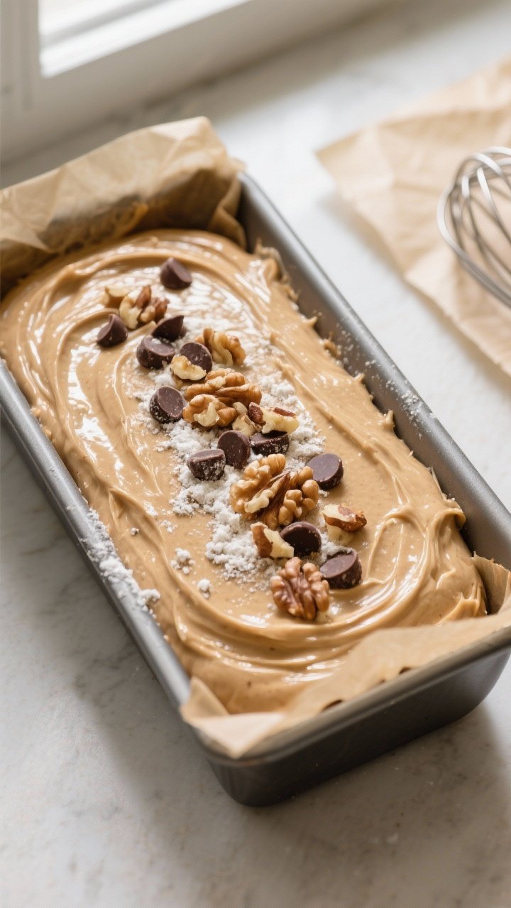 Cooking process, overhead: Overhead shot of glossy banana bread batter just poured into a parchment-