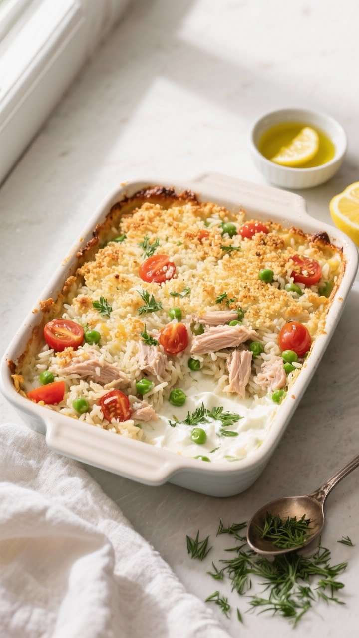 Cooking process, overhead: Overhead shot of the Light Tuna & Rice Summer Casserole just out of the o