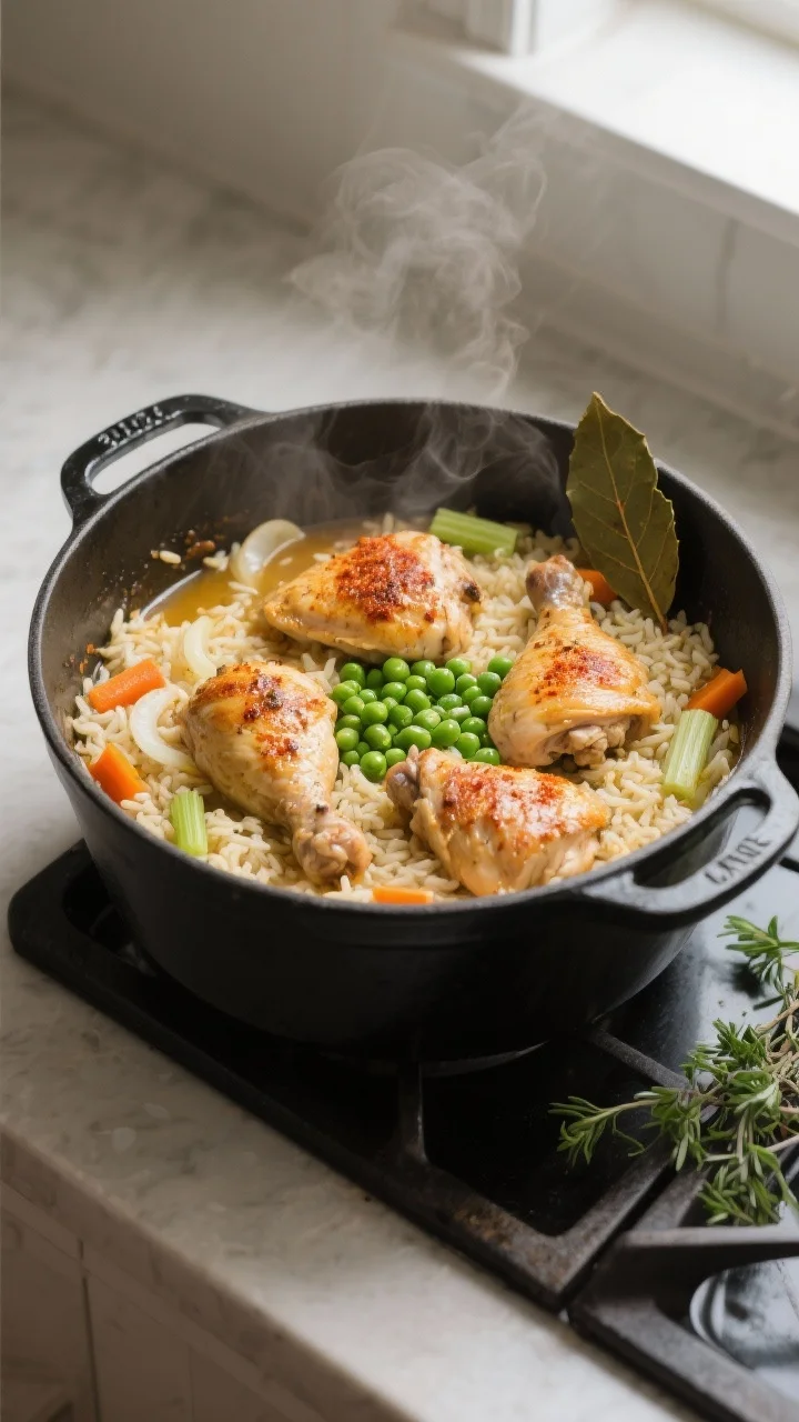 Cooking process, tasty top view: Overhead shot of a Dutch oven on the stovetop with the One-Pot Chic