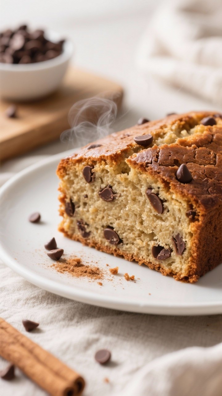 Final dish, close-up detail: Close-up of a thick slice of baked banana bread with chocolate chips, s