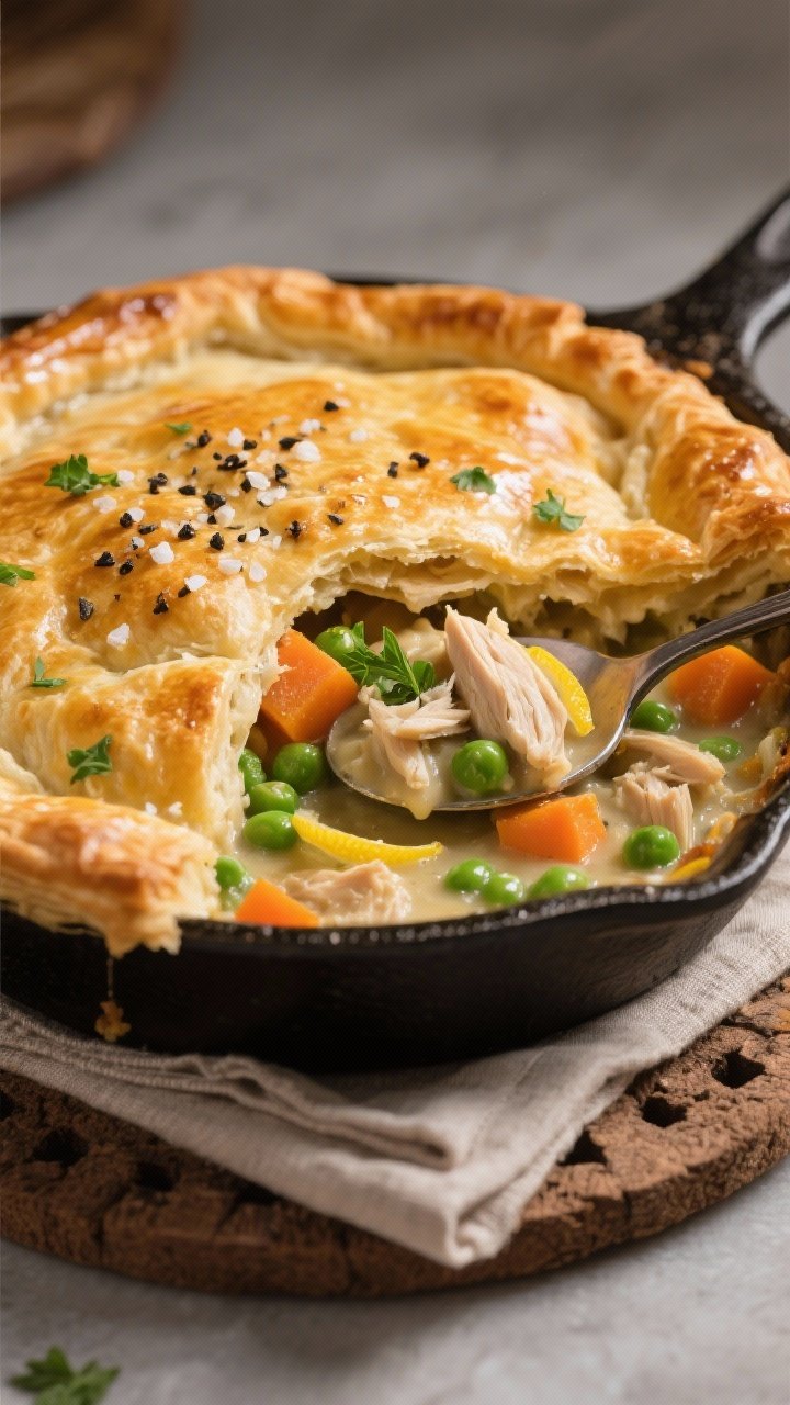 Final dish, close-up detail: Close-up of the baked skillet chicken pot pie just out of the oven, sho
