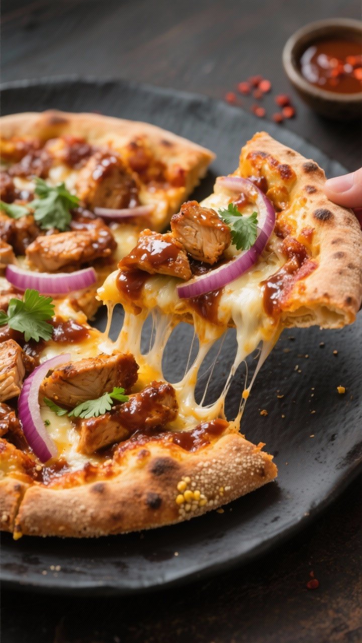 Final dish, close-up detail: Sliced BBQ chicken pizza on a dark matte platter, extreme close-up of a