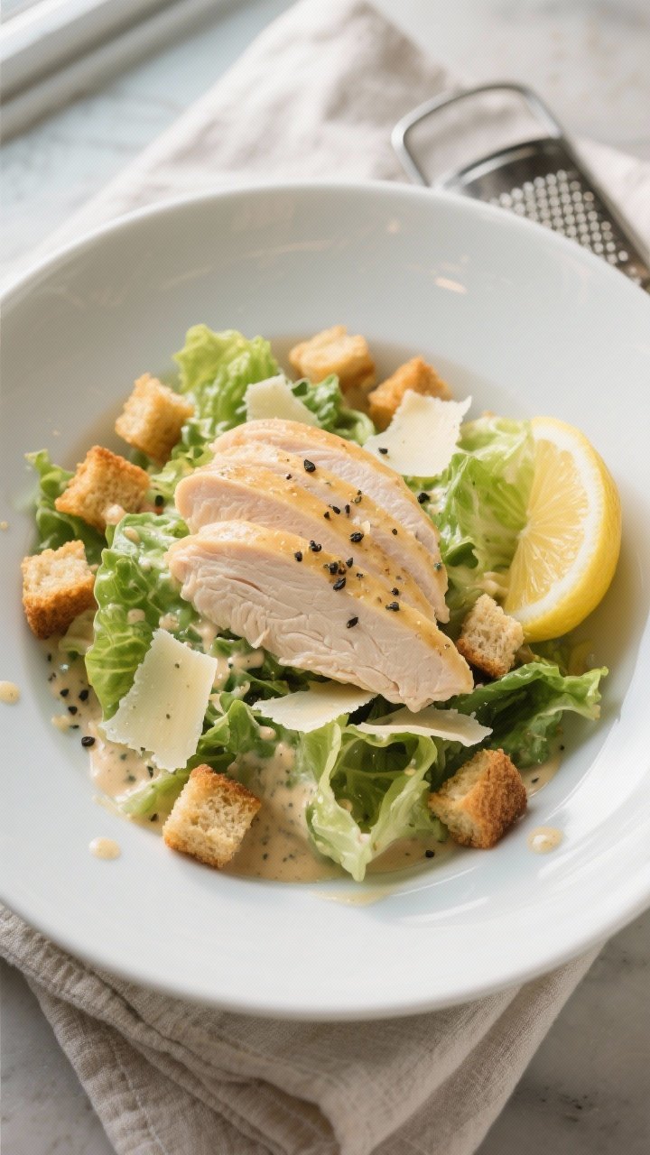 Final dish overhead: Classic Chicken Caesar Salad plated in a wide white bowl—crisp, very dry roma
