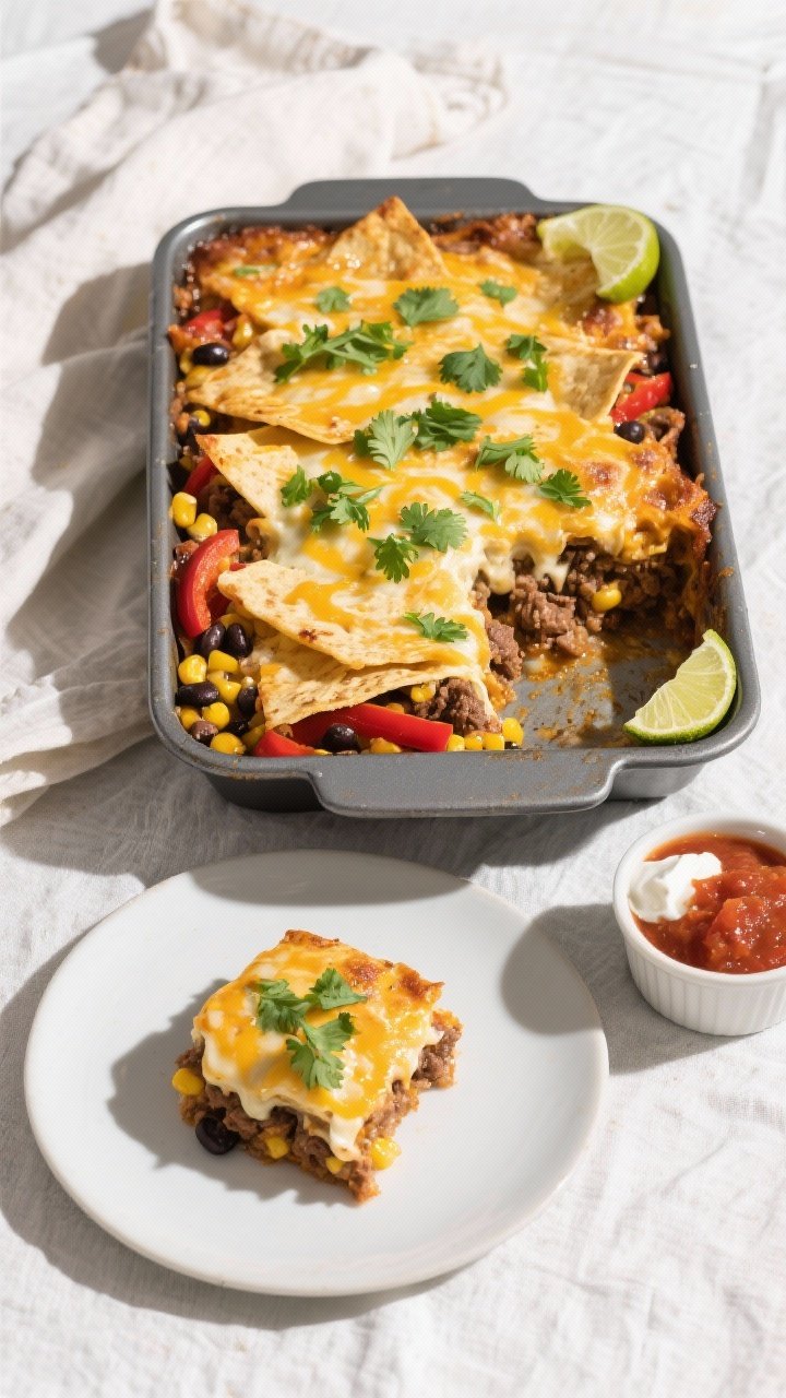 Final dish overhead: Overhead shot of a 9x13 baked Cheesy Mexican Beef Casserole just out of the ove
