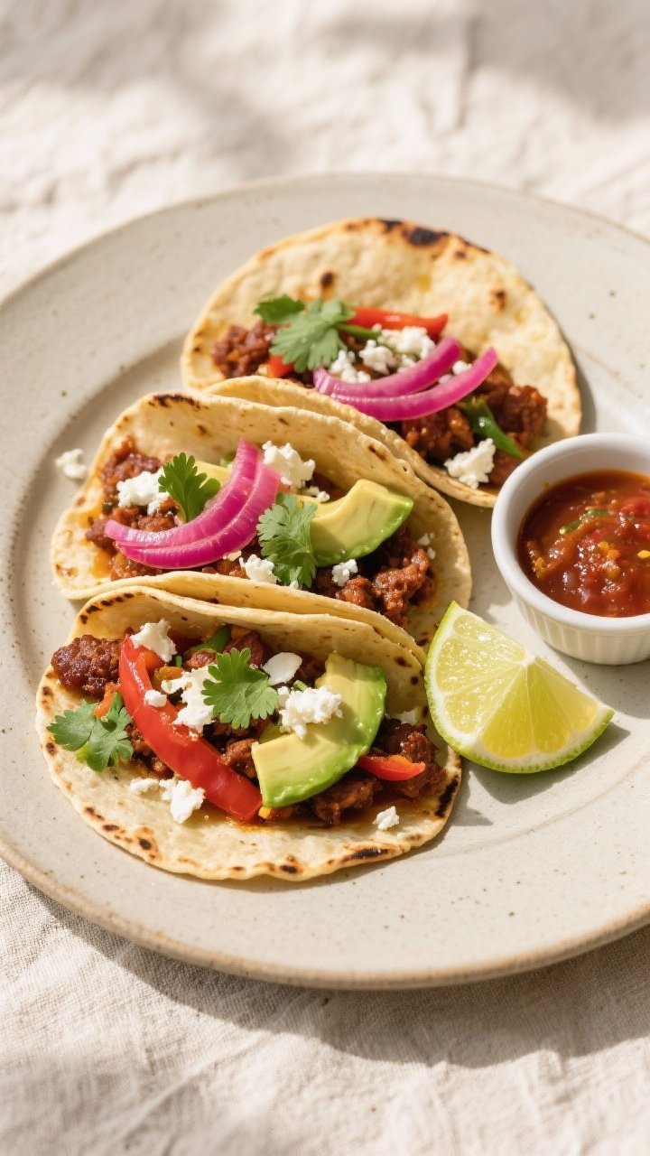 Final dish overhead: Overhead shot of three Spicy Chorizo Tacos on warm, lightly charred corn tortil