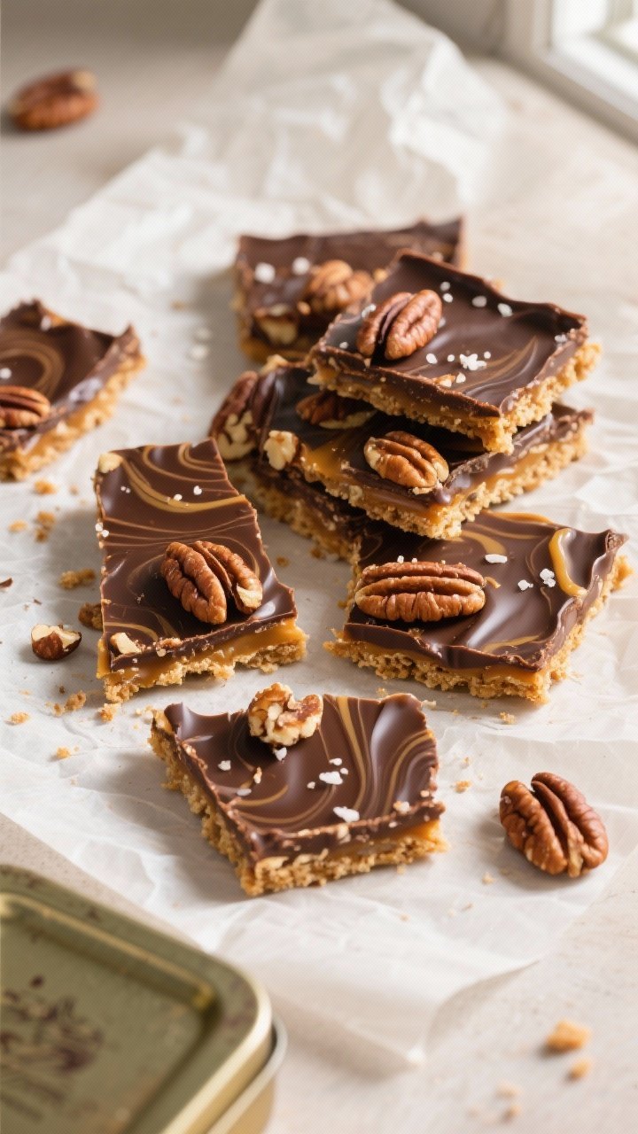 Final dish, overhead presentation: Overhead shot of pecan pie bark pieces broken into rustic shards 