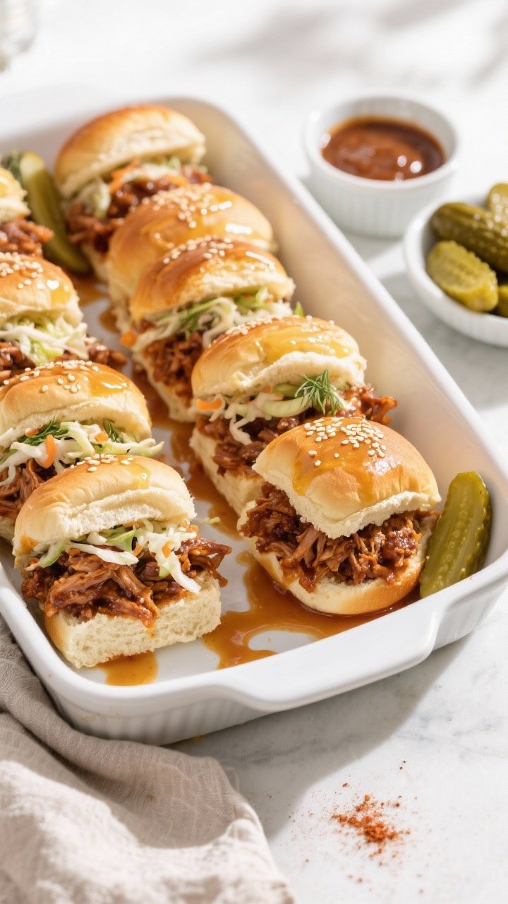 Final dish, : Overhead shot of a party tray of assembled Honey BBQ Pulled Pork Sliders in a white ce