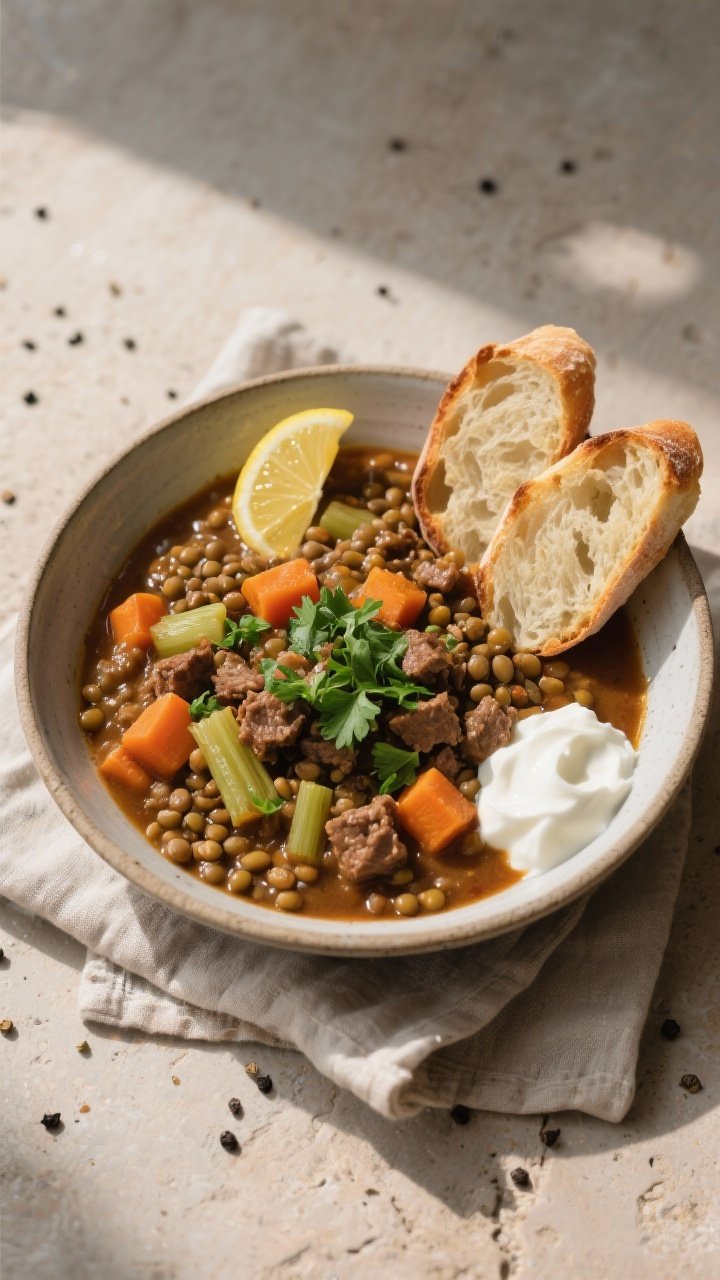 Final dish — Overhead shot of a rustic bowl of Hearty Beef Mince and Lentil Stew, thick and hearty