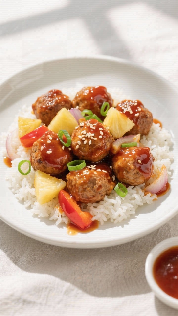 Final dish, : Overhead shot of sweet and sour chicken meatballs plated over fluffy jasmine rice in a