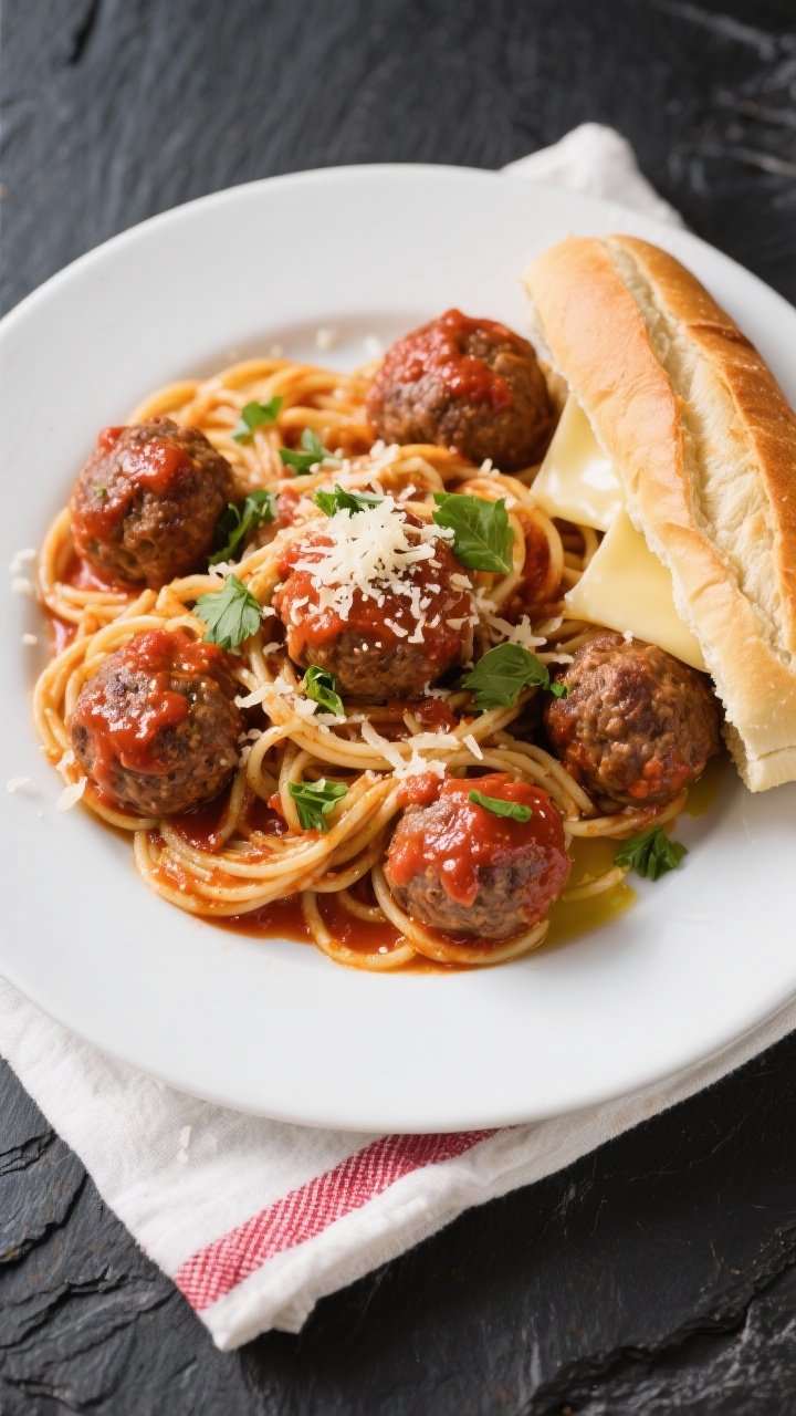 Final dish overhead: Slow cooker Italian meatballs served over glossy spaghetti twirled into nests,