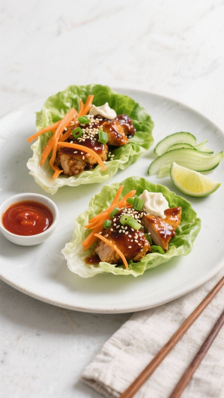 Final dish overhead: Tasty top view of assembled Teriyaki Chicken Lettuce Wraps on a matte white pla