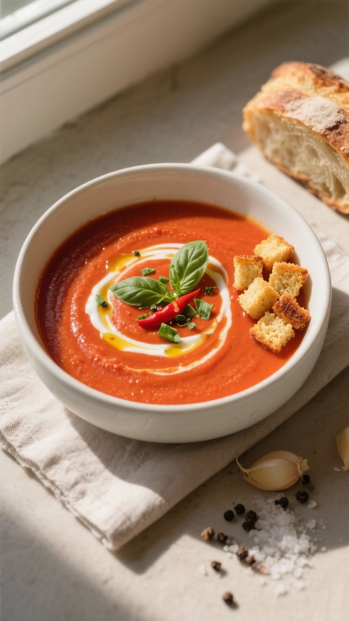 Final dish overhead: Top-down shot of a silky blended spicy tomato-red pepper soup in a matte white 