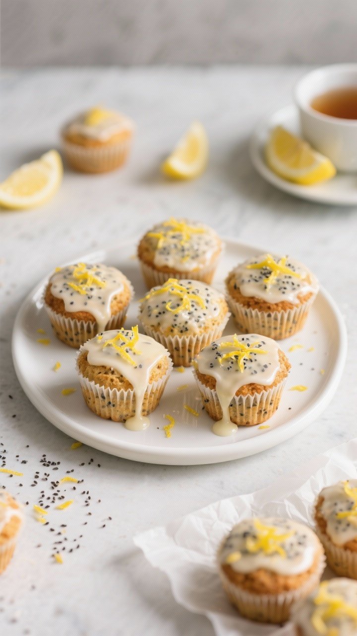 Final dish/overhead: Top-down shot of beautifully plated lemon poppyseed muffins on a white ceramic 