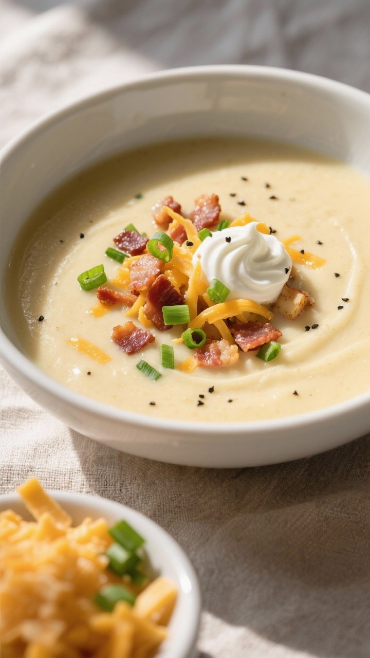 Final dish, tasty top view: Overhead shot of a beautifully plated bowl of stovetop creamy potato sou