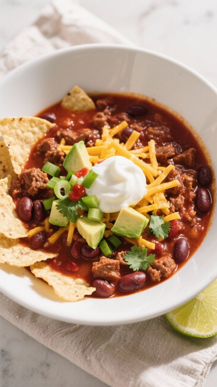 Final dish, tasty top view: Overhead shot of a bowl of Hearty Beef & Bean Chili, deeply red and robu